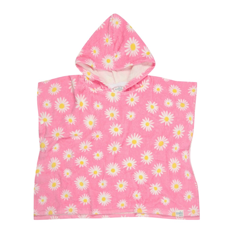 The Toshi Hooded Towel Paradise Daisy Watermelon features pink cotton with white and yellow daisy patterns, UPF 50+ sun protection, and is perfect as a baby bath towel. Displayed flat on a white background.