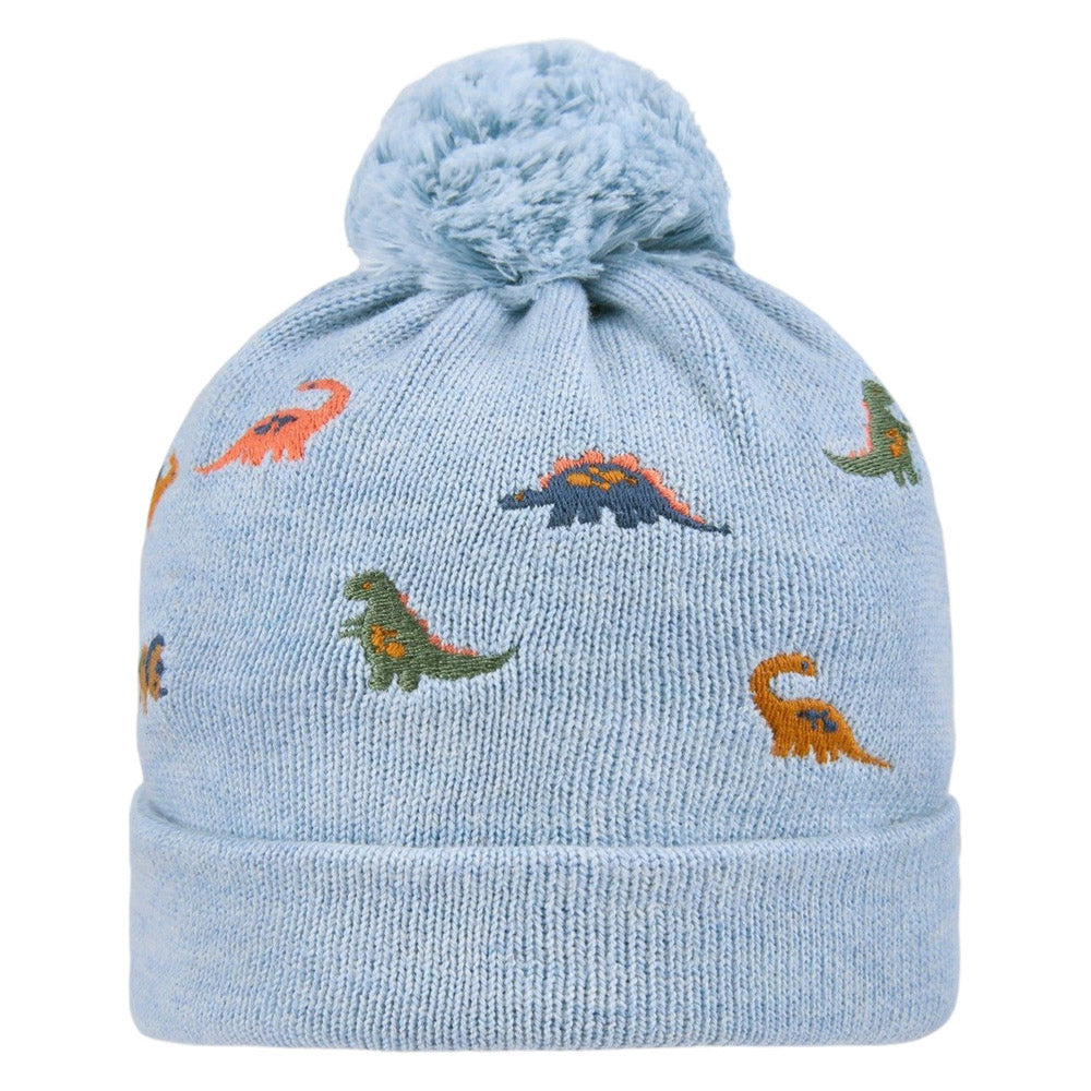 The Toshi Organic Beanie Mystical Dino Bubs is a light blue organic cotton baby beanie featuring a pom-pom and small embroidered green, orange, and blue dinosaurs.