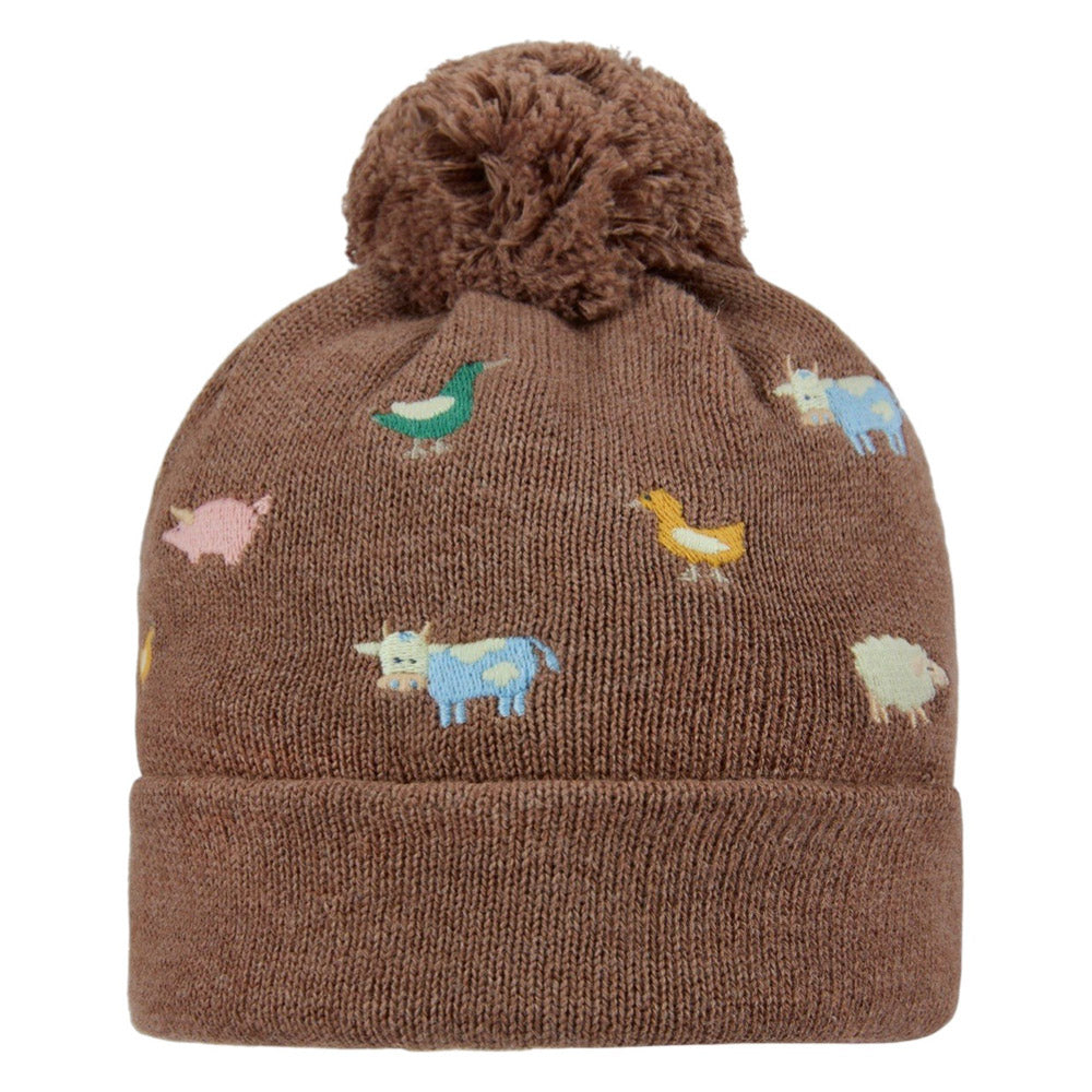 The Toshi Organic Beanie Mystical Farm Buddies is a brown organic cotton baby beanie with a pom-pom, featuring small embroidered pastel farm animals—cow, pig, duck, sheep, and goose—for gentle warmth and comfort.