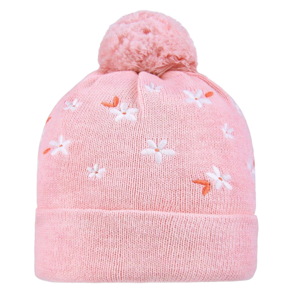 The Toshi Organic Beanie Mystical Jasmine Rose is a pink organic cotton beanie with a pom-pom, featuring small white and orange embroidered flowers.
