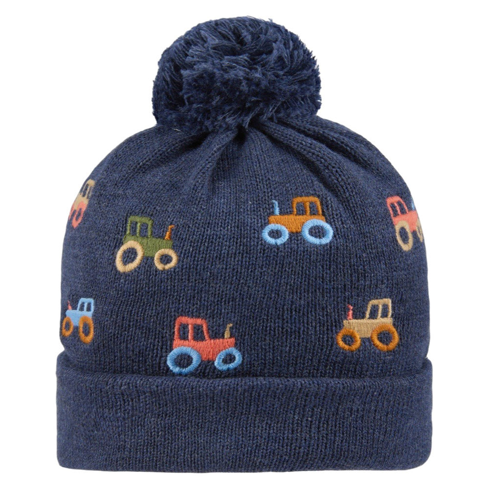 The Toshi Organic Beanie Mystical Tiny Tractors is a navy organic cotton baby beanie with a pom-pom, featuring colorful embroidered tractors in red, yellow, green, orange, and blue.