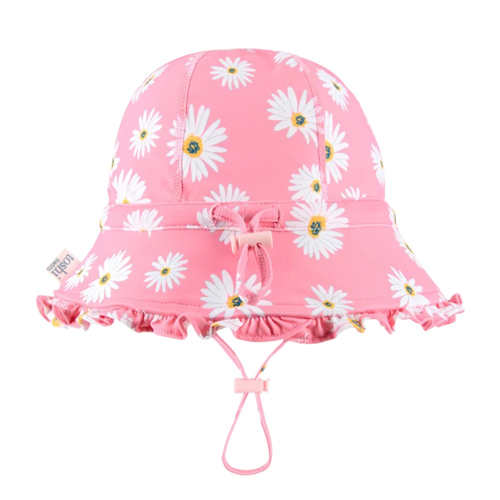The Toshi Swim Bell Hat Ripple Daisy Watermelon is a pink sunhat with white daisy pattern, ruffled brim, UPF50+ protection, adjustable chin strap, and a back bow.