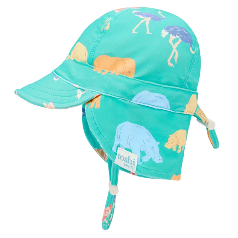 The Toshi Swim Flap Cap Paradise Congo Seagrass is a turquoise children's sun hat with UPF50+ protection, adjustable chin straps, and vibrant animal prints—perfect for baby swimwear. Features the "toshi swim" side label.
