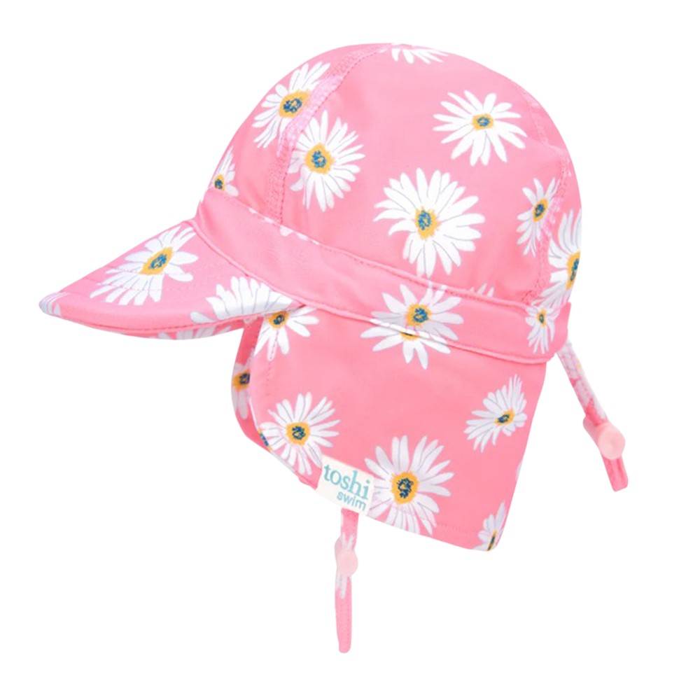 The Toshi Swim Flap Cap Paradise Daisy Watermelon offers UPF50+ protection, a front brim, neck flap, and adjustable chin straps. This pink cap with daisy pattern is ideal to pair with Toshi baby swimwear.