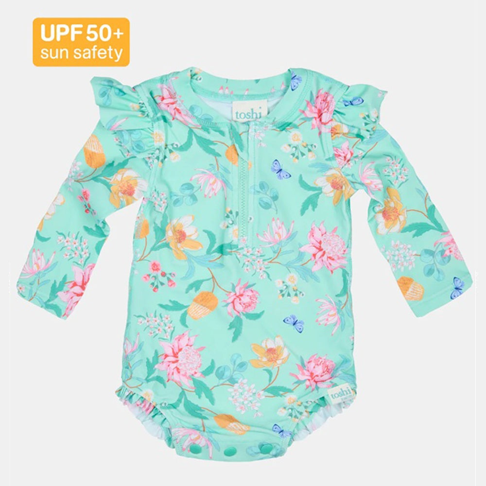 Toshi Swim Onesie L/S Ripple Waratah Mint