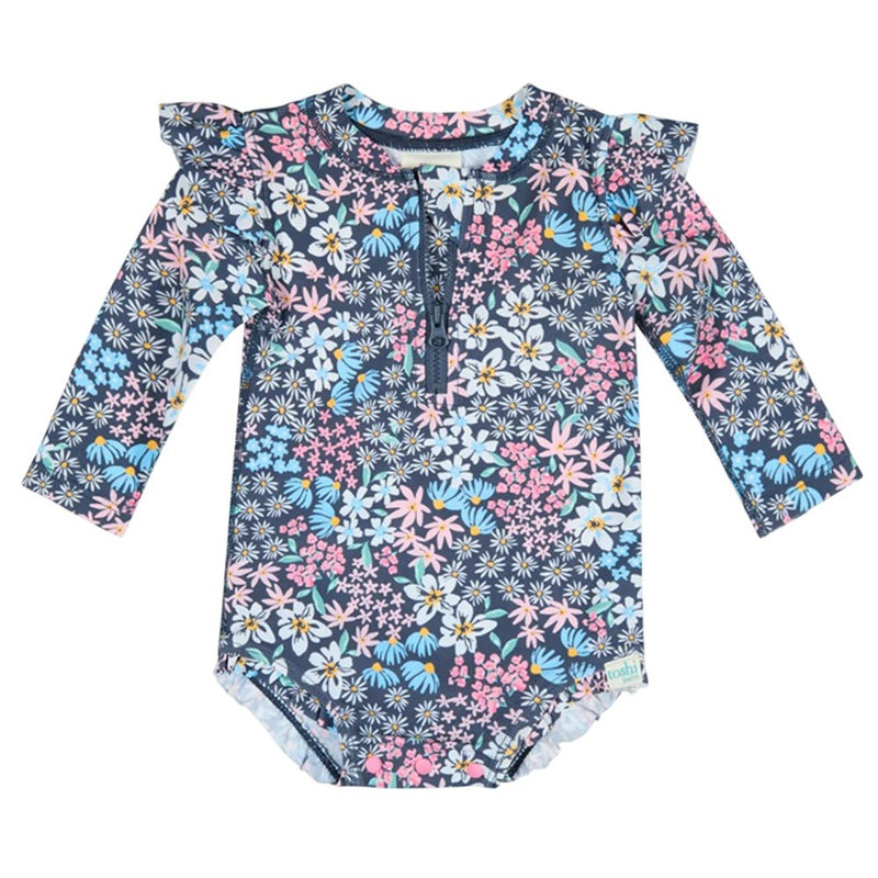 The Toshi Swim Onesie L/S Ripple Wattle Dusk features ruffled shoulders, a front zipper, and a colorful floral print on a dark base. This Toshi long-sleeve baby swimwear offers UPF 50+ sun protection for your little one.