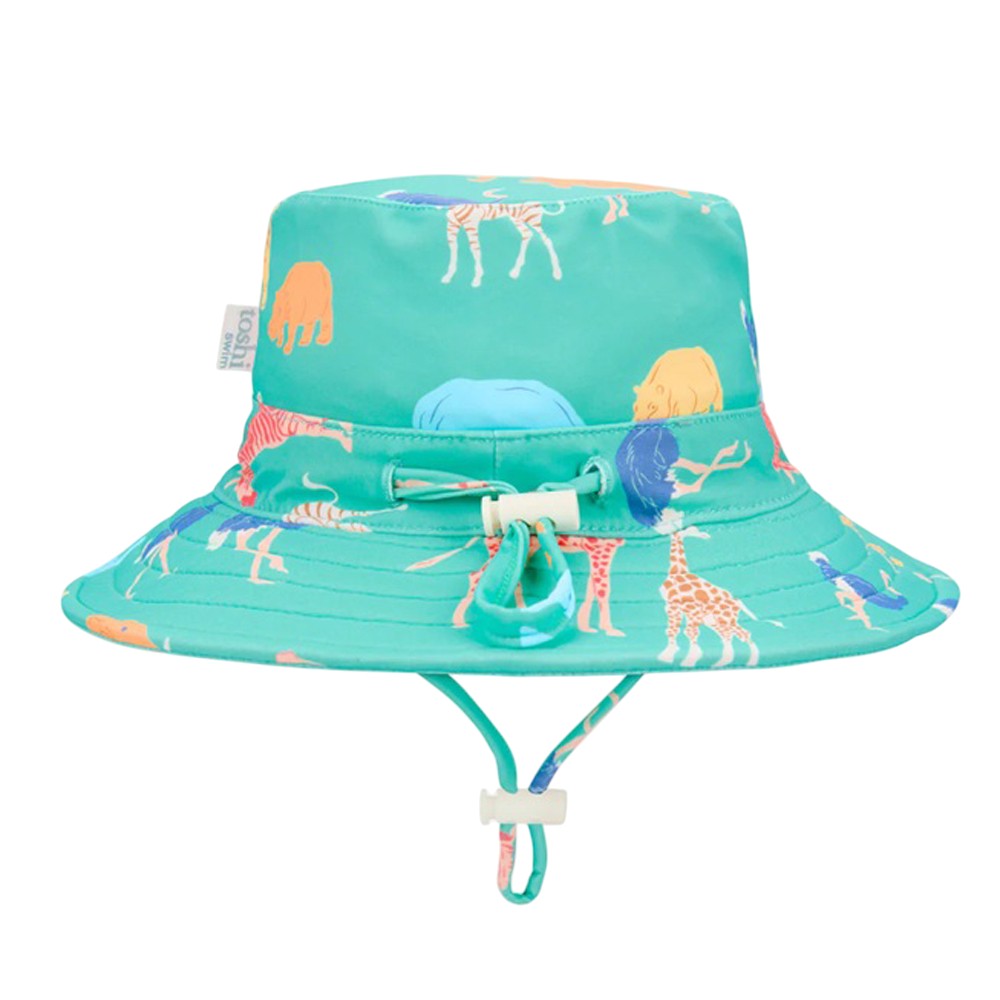 The Toshi Swim Sunhat Paradise Congo Seagrass is a teal sunhat with colorful animal prints, UPF50+ protection, and adjustable chin strap and toggle for a secure fit—ideal for baby swimwear.