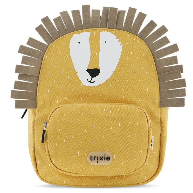 The Trixie Backpack Mr Lion by Trixie features a playful lion face with a white snout, black nose, felt mane, water-repellent material, adjustable straps, and a front zippered pocket.