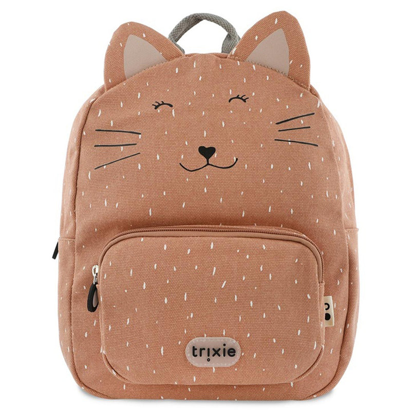 The Trixie Backpack Mrs Cat by Trixie is a light brown, water-repellent kids’ backpack with white speckles, a cute cat face, ears, whiskers, adjustable straps, and a front zip pocket featuring the "trixie" logo.