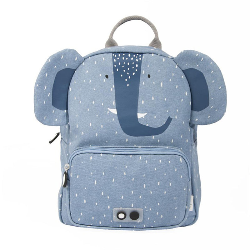 The Trixie Backpack Mrs Elephant by Trixie is a blue kids backpack with water-repellent fabric, playful white dots, cute elephant ears, a trunk graphic, smiling face, adjustable shoulder straps, and a front zip pocket.