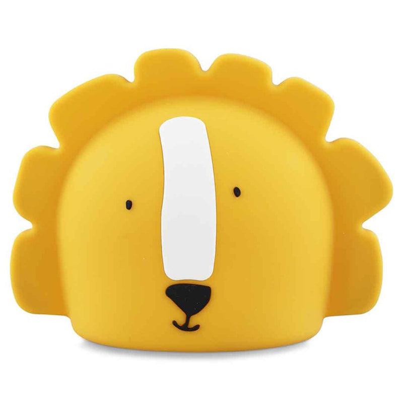 The Trixie Night Light Mr Lion by Trixie features a soft silicone, cartoon-style yellow lion face with a white forehead stripe, small black eyes, black nose, wavy mane, and is rechargeable for convenient use anywhere.