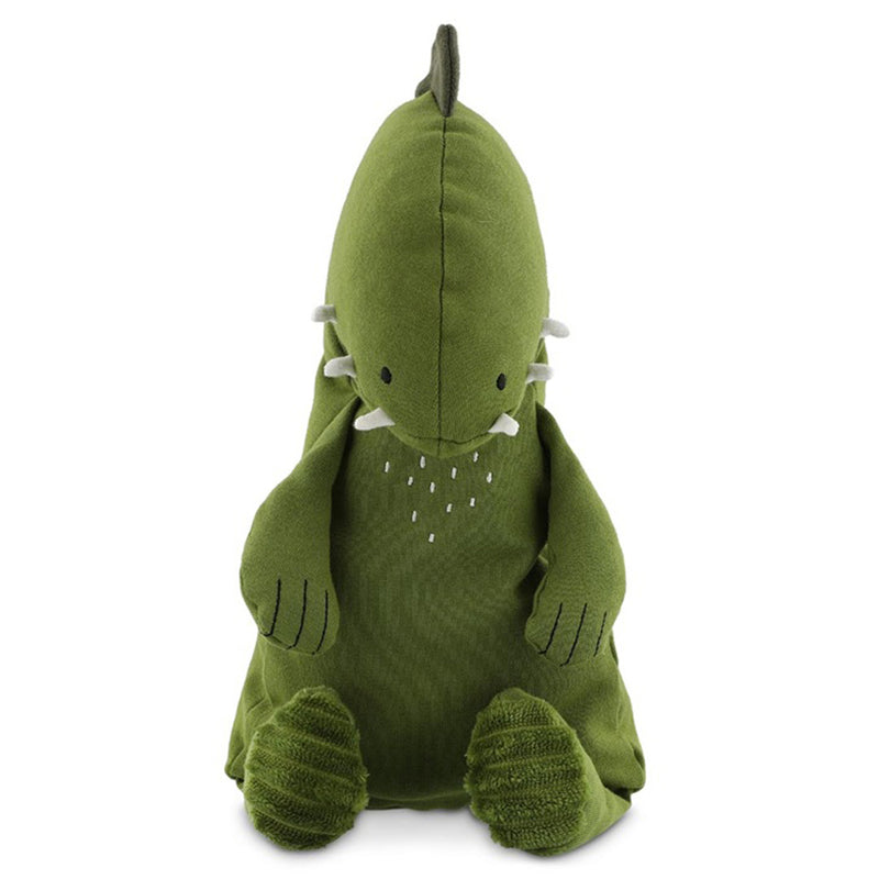 Trixie Plush Toy Large Mr Dino by Trixie is a soft green dinosaur made from organic cotton, featuring small arms, cheek spikes, stitched eyes, and textured feet. It sits upright against a white background—perfect for cuddly collections.