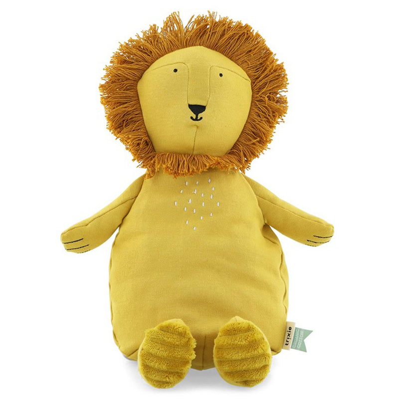 The Trixie Plush Toy Large Mr Lion by Trixie is an organic cotton lion plush with a yellow body, fluffy orange mane, black-stitched facial features, soft round limbs, friendly design, and a green tag on its side.