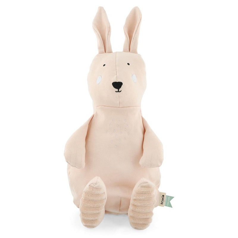 The Trixie Plush Toy Large Mrs Rabbit by Trixie is a soft, light beige bunny with long ears, simple stitched facial features, and a side tag, made from organic cotton plush. It sits upright against a plain white background.