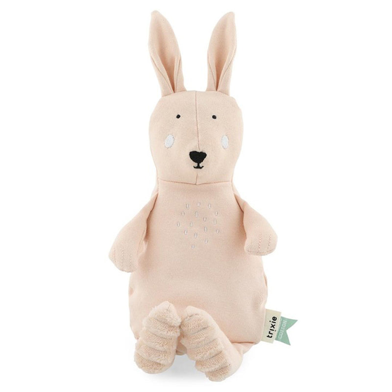 The Trixie Plush Toy Small Mrs Rabbit by Trixie is a soft, light beige bunny with long ears, black stitched features, white cheeks, and a side tag. Made from organic cotton plush with recycled polyester filling for a cuddly, eco-friendly hug.