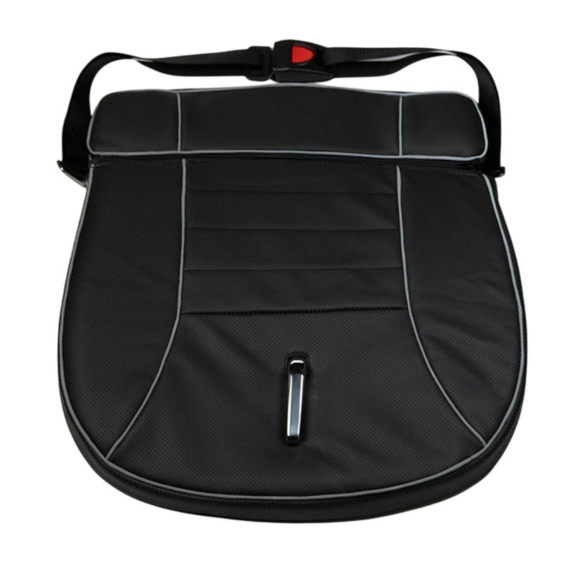 The Tummy Shield Tummy Shield by Tummy Shield is a black padded car seat cover with white piping, secure strap and buckle, and a vertical seat belt slot—crash-tested to help protect your unborn baby as a pregnancy seatbelt positioner.