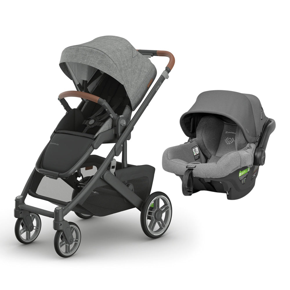 The UPPAbaby Cruz V3 Pram + Mesa Capsule Bundle features modern gray styling with brown accents and a canopy. Both offer sleek design and padded interiors, making this UPPAbaby travel system perfect for comfortable outings with your baby.