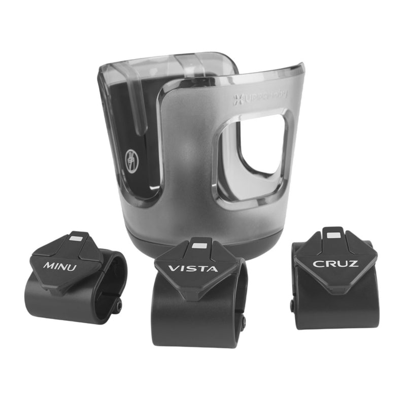The UPPAbaby Cup Holder V2, featuring a transparent holder with a black base, is shown behind three labeled black clips for "MINU," "VISTA," and "CRUZ," highlighting its compatibility with UPPAbaby stroller models.