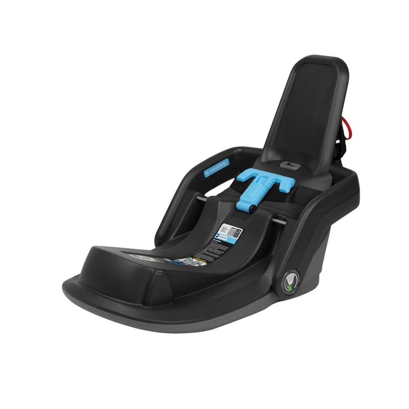 The UPPAbaby Mesa AU Base in black features blue latch connectors, recline adjustment, and side safety labels, designed for secure vehicle installation using the SmartSecure system.