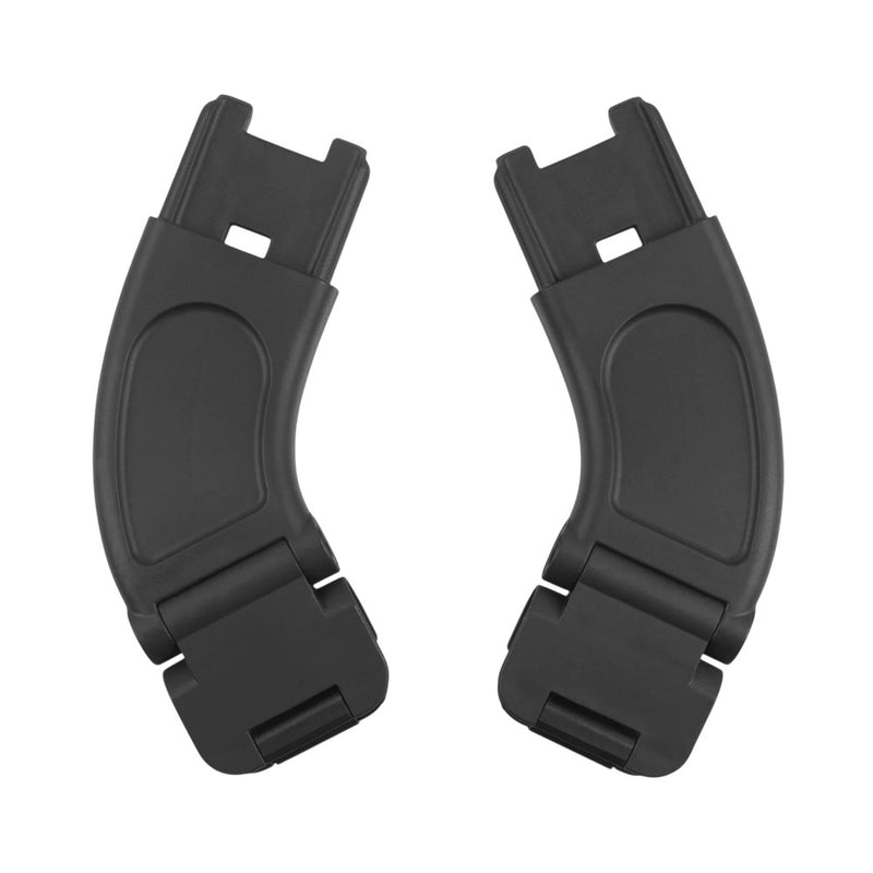 Two black, curved plastic adapters with hinges, shown side by side on a white background. The UPPAbaby Minu V3 MESA adapter by UPPAbaby is ideal for creating a seamless stroller travel system.