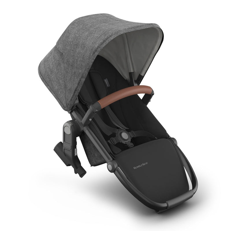 The UPPAbaby Vista V3 Rumbleseat by UPPAbaby features a modern gray and black design with a brown handlebar, black harness, and adjustable canopy. Ideal as a double stroller seat or paired with other Vista accessories. Shown on a white background.
