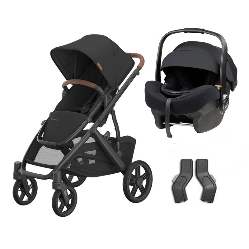The Baby Village UPPAbaby Vista V3 Nori + Maxi Cosi Mico 12LX PRO Isofix Capsule Bundle includes a black stroller with a brown handle, a matching capsule with Air Protect Side Impact Protection, and two car seat adapters.