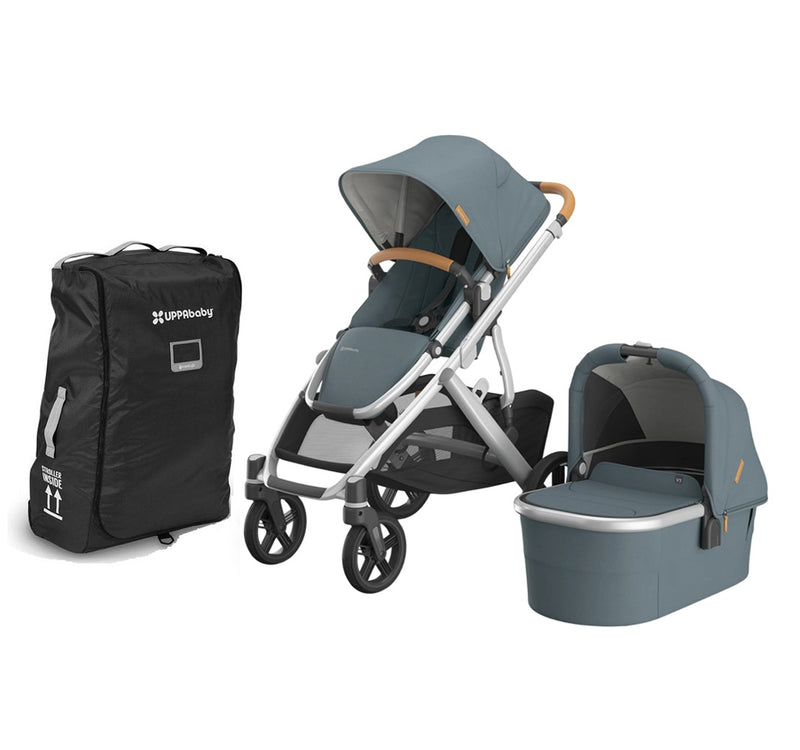 The UPPAbaby Vista V3 Pram Travel Bag Bundle by UPPAbaby, featuring a gray stroller with matching bassinet and a black travel bag, is displayed side by side on a white background.