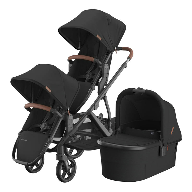The UPPAbaby Vista V3 Nori Pram, paired with the matching Nori Bassinet and Nori Rumble seat, features two canopied seats in stacked positions. The Breathe Easy Seat ensures comfort and convenience for your family strolls.