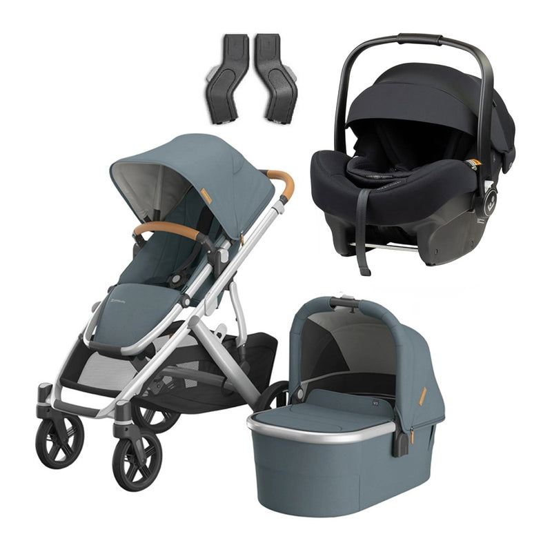 The UPPAbaby Vista V3 Pram + Maxi Cosi Mico 12LX PRO Isofix Capsule Bundle features a gray-blue stroller frame with seat, bassinet, infant car seat, and two black adapters—displayed on a white background.
