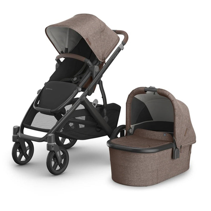 The UPPAbaby Vista V3 Pram + Bassinet features upgraded suspension, a large canopy, storage basket, and matching detachable bassinet, all from UPPAbaby for comfort and convenience.