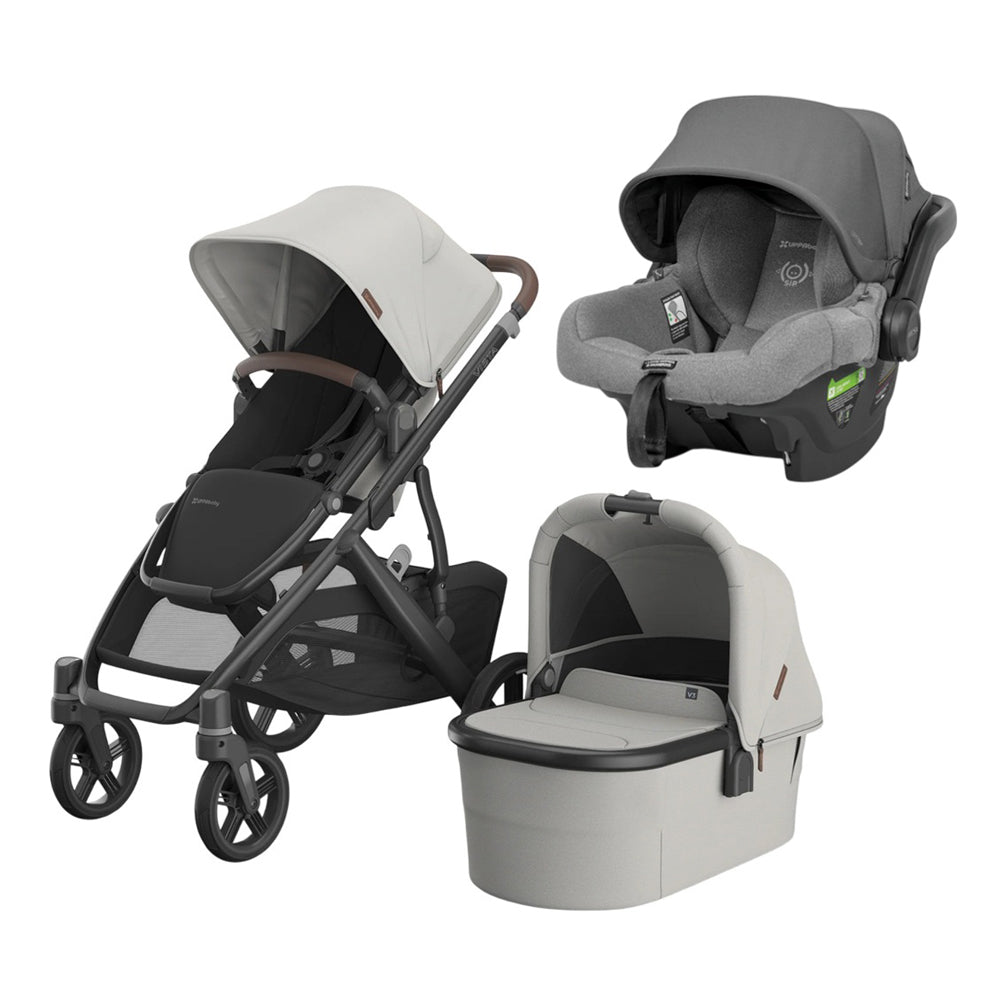 The UPPAbaby Vista V3 Pram + Mesa Capsule Bundle in light grey includes a stroller, bassinet, and infant car seat—offering comfort and versatility for all your travel needs.