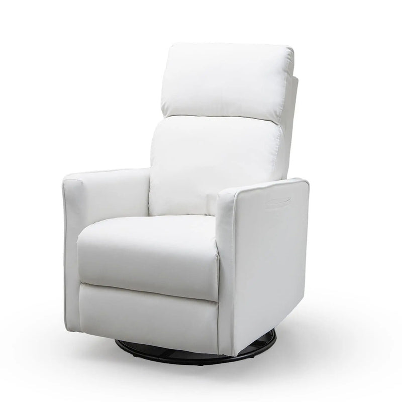 The Valco Baby Selene Glider Marshmallow by Valco Baby is a modern white upholstered recliner chair with padded headrest, armrests, and a cushioned seat on a circular black swivel base, shown against a plain white background.