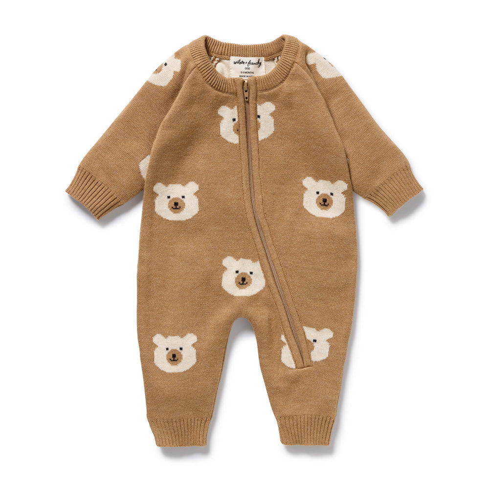 The Wilson & Frenchy Beary Cute Organic Knitted Jacquard Growsuit is a brown, long-sleeve growsuit with a diagonal front zipper and white bear faces—an ideal cozy baby shower gift.