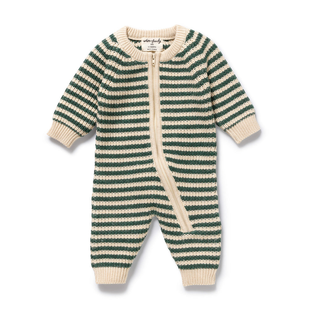 The Wilson & Frenchy Clover Organic Knitted Stripe Growsuit features green and cream stripes, cream cuffs, collar, and trim, plus a front zipper from neckline to left leg. Made from organic cotton.