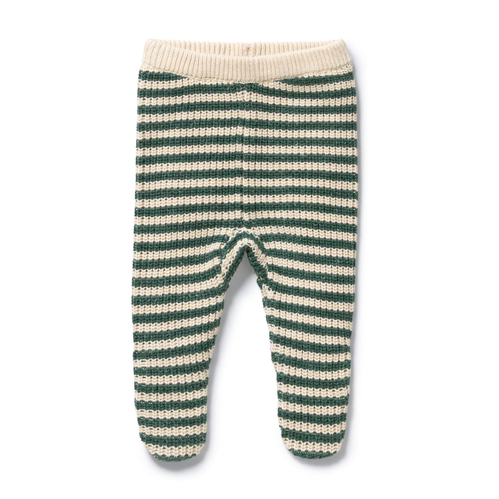 Wilson & Frenchy Clover Organic Knitted Stripe Legging for babies, with dark green and cream horizontal stripes and a soft cream waistband, shown flat on a white background.
