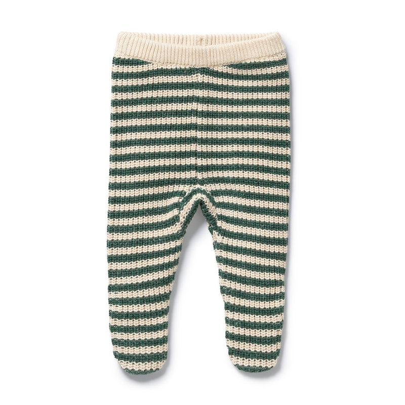 Wilson & Frenchy Clover Organic Knitted Stripe Legging for babies, with dark green and cream horizontal stripes and a soft cream waistband, shown flat on a white background.