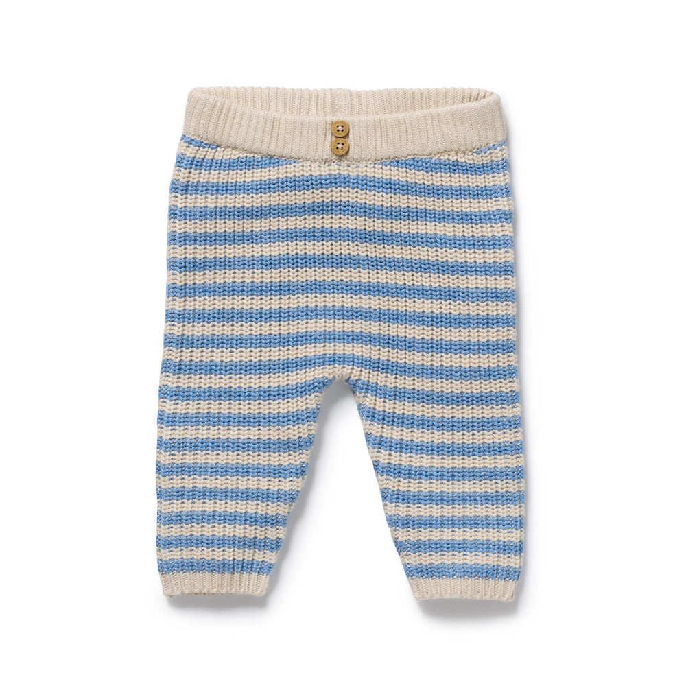 The Wilson & Frenchy Frosted Blue Organic Knitted Stripe Legging features blue and cream stripes, a ribbed waistband with two front buttons, and ribbed ankle cuffs.