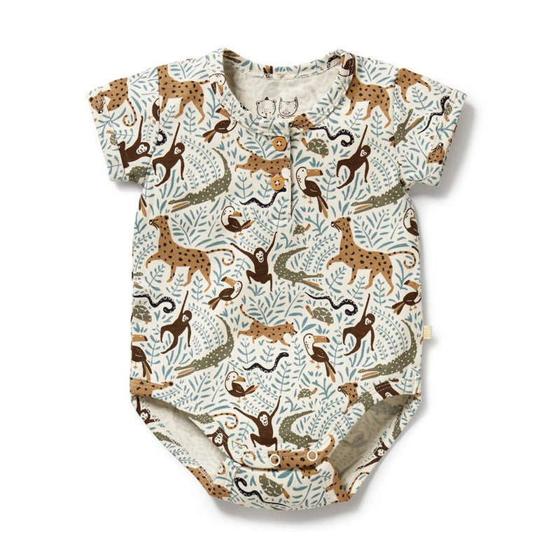 The Wilson & Frenchy Mini Jungle Organic Henley Bodysuit features short sleeves, a buttoned front, and playful jungle animal prints in earthy tones on light beige organic cotton for soft, stylish baby comfort.