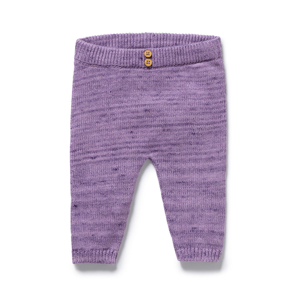 Wilson & Frenchy Mulberry Organic Knitted Legging features a ribbed waistband and two small brown buttons at the front, shown flat on a white background.