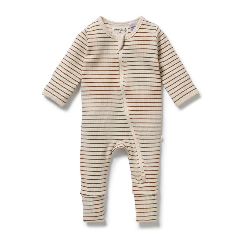 The Wilson & Frenchy Nutmeg Stripe Organic Waffle Zipsuit features thin, horizontal brown stripes and a diagonal zipper from neck to left leg, displayed flat on a white background.