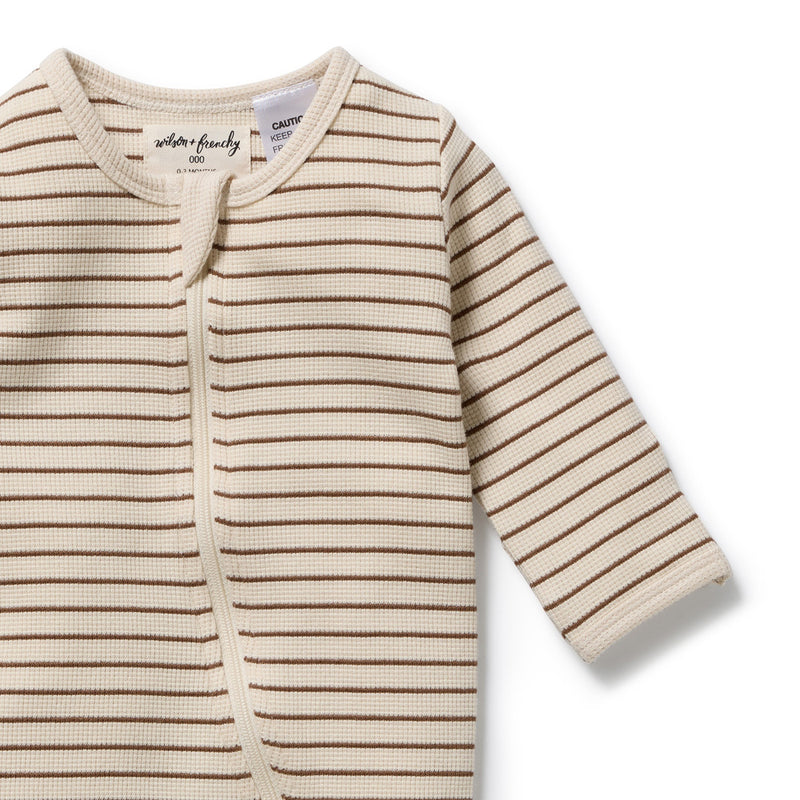 Wilson & Frenchy Nutmeg Stripe Organic Waffle Zipsuit