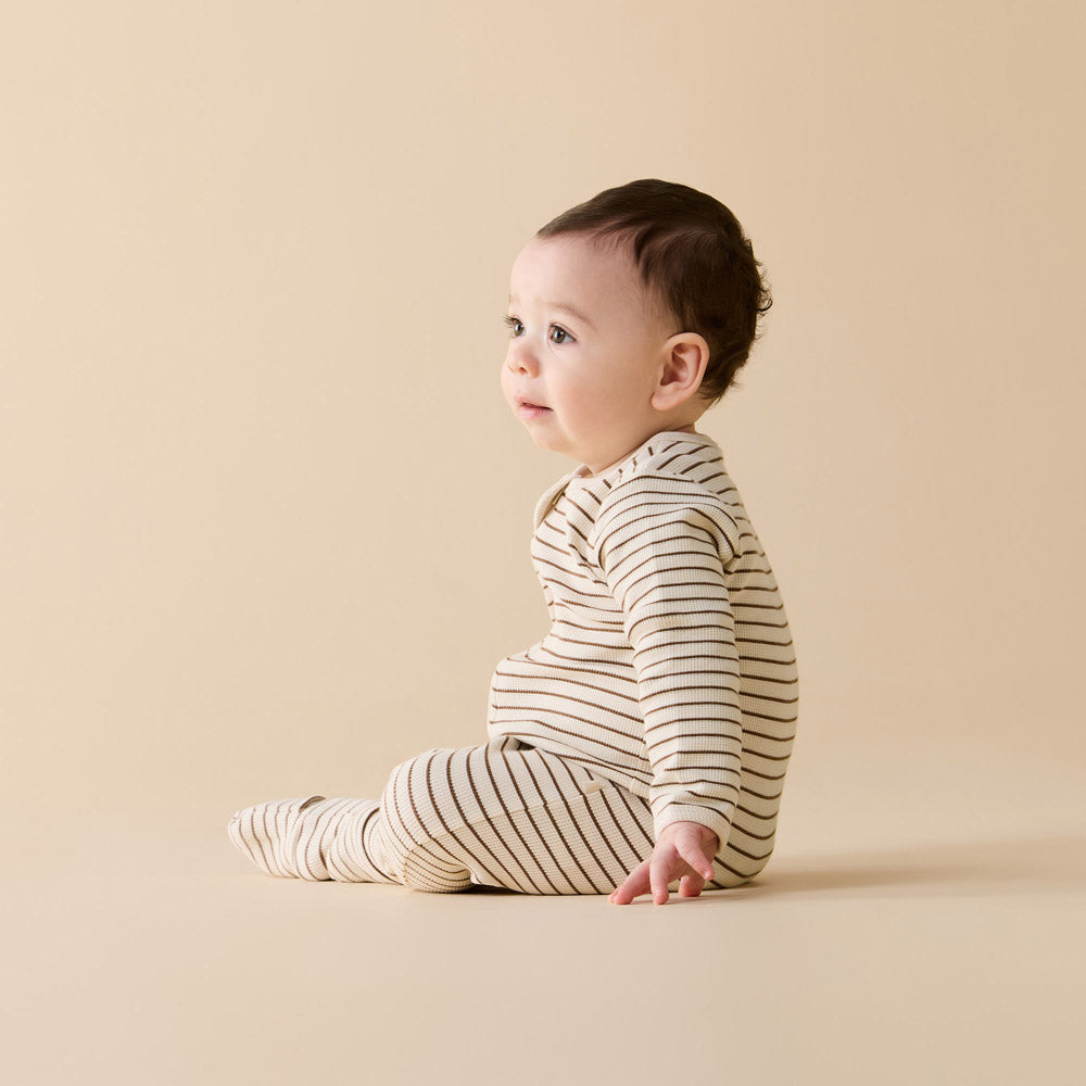 Wilson & Frenchy Nutmeg Stripe Organic Waffle Zipsuit