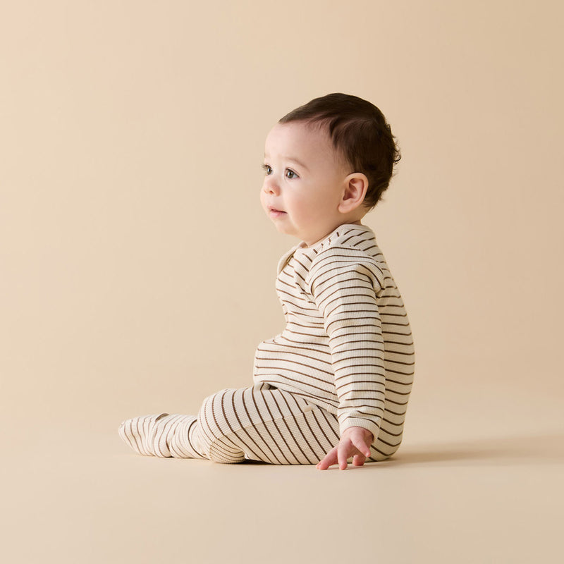 Wilson & Frenchy Nutmeg Stripe Organic Waffle Zipsuit