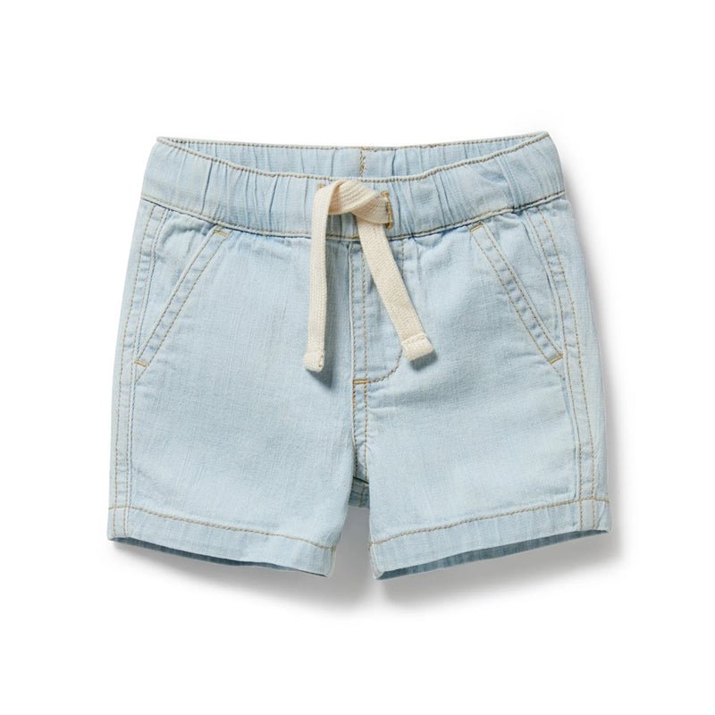 The Wilson & Frenchy Organic Denim Long Short features light blue organic cotton, an elastic waistband with a cream drawstring, and two front pockets. Kids shorts by Wilson & Frenchy shown laid flat on a white background.