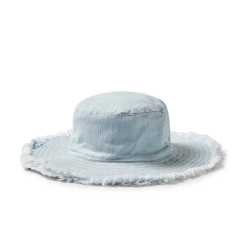The Wilson & Frenchy Organic Denim Sun Hat is a light blue toddler hat with a wide brim and frayed edges, shown on a white background.