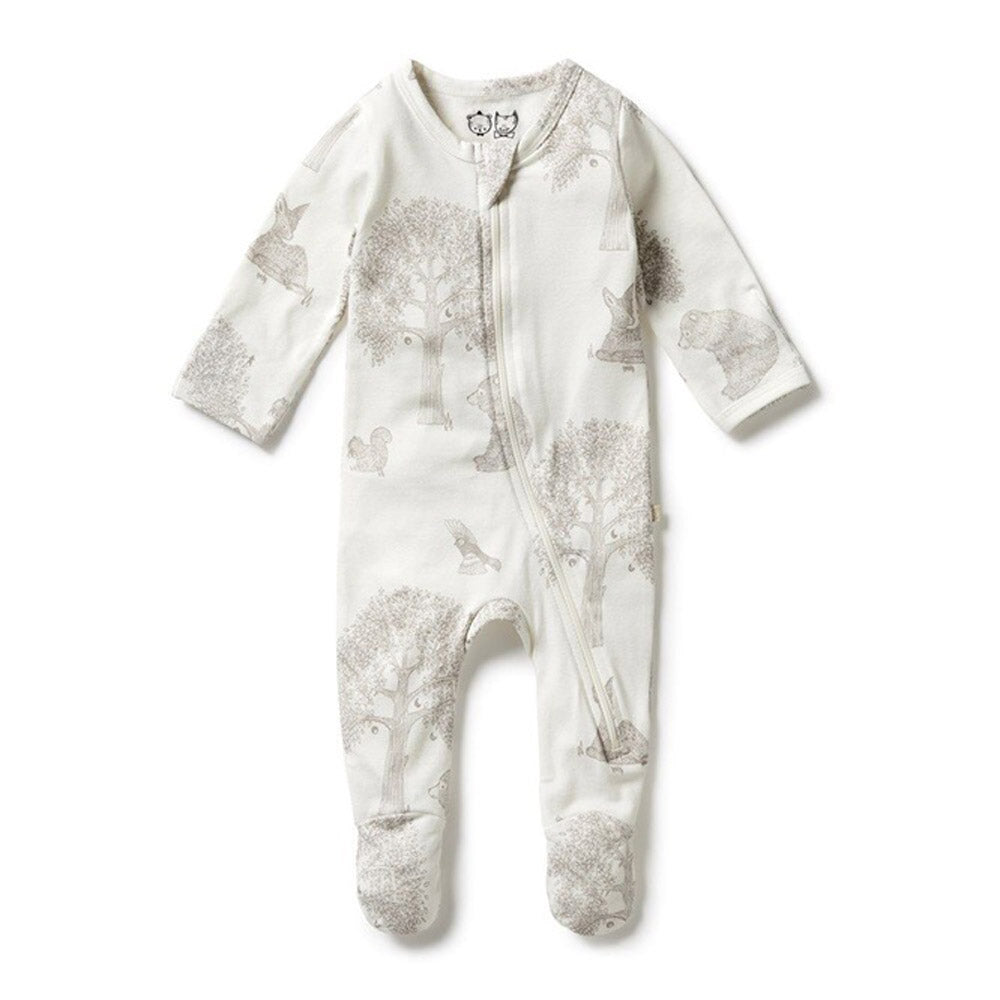 The Wilson & Frenchy Welcome to the World Organic Zipsuit with Feet is an off-white, long-sleeve baby sleepsuit with a nature print in light gray and a diagonal zipper from neck to left leg. Made from organic cotton by Wilson & Frenchy.
