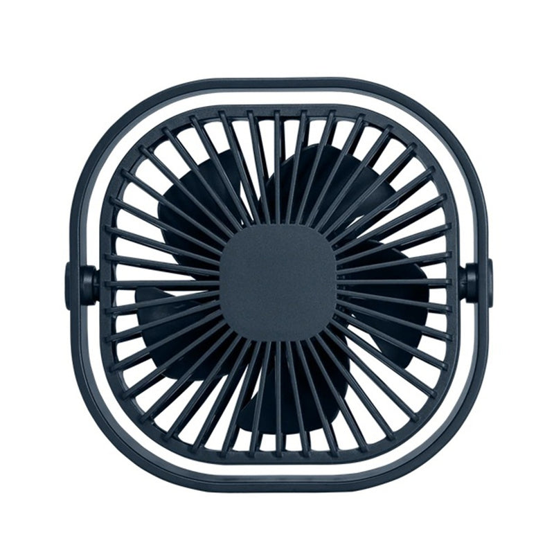 Top view of the Zazu Rest Nest Portable USB Fan by Zazu—a compact black, square desktop fan with four blades and a protective grid—ideal as a child-friendly USB fan for sleep tents.