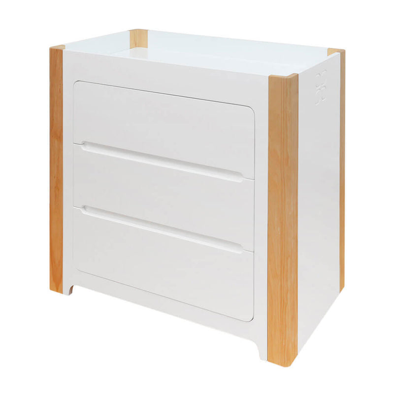 The Cocoon Evoluer Change Table by Cocoon features a modern white design with two spacious drawers and light wood accents, blending clean lines and minimalist style—an eye-catching addition to designer furniture collections.