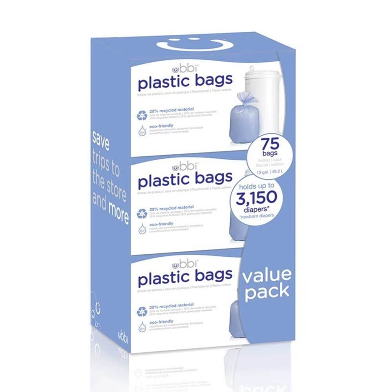 The Ubbi Diaper Pail Unscented Plastic Bags value pack includes 75 eco-friendly bags with 20% recycled material, fits most 13-gallon pails, holds up to 3,150 diaper changes, and helps reduce store trips.