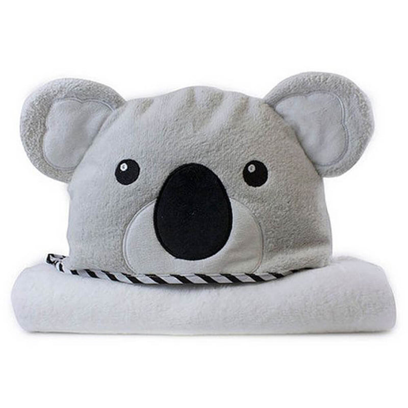 The Bubba Blue Aussie Animals Koala Novelty Hooded Bath Towel features a soft, folded design with a cute koala hood—complete with round ears, embroidered eyes, and a black oval nose—for an adorable bath time experience.